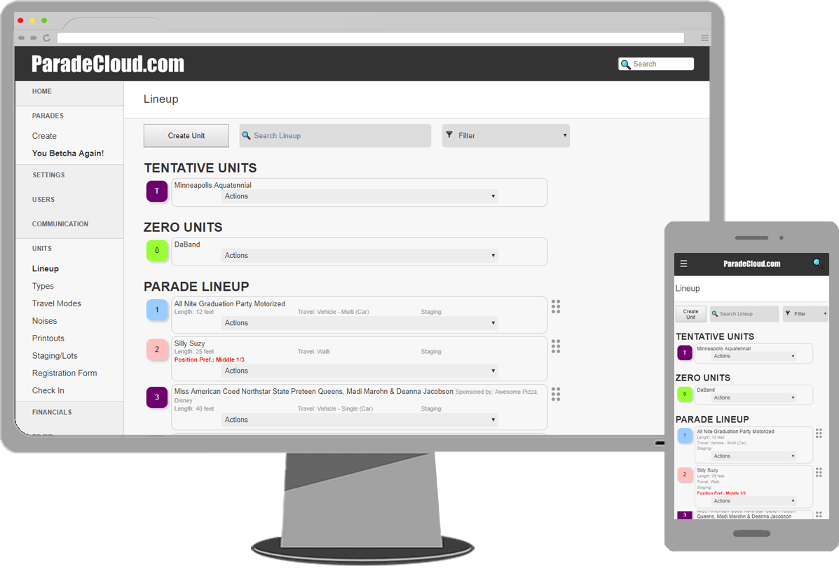 screenshot of the parade cloud management website on desktop and mobile